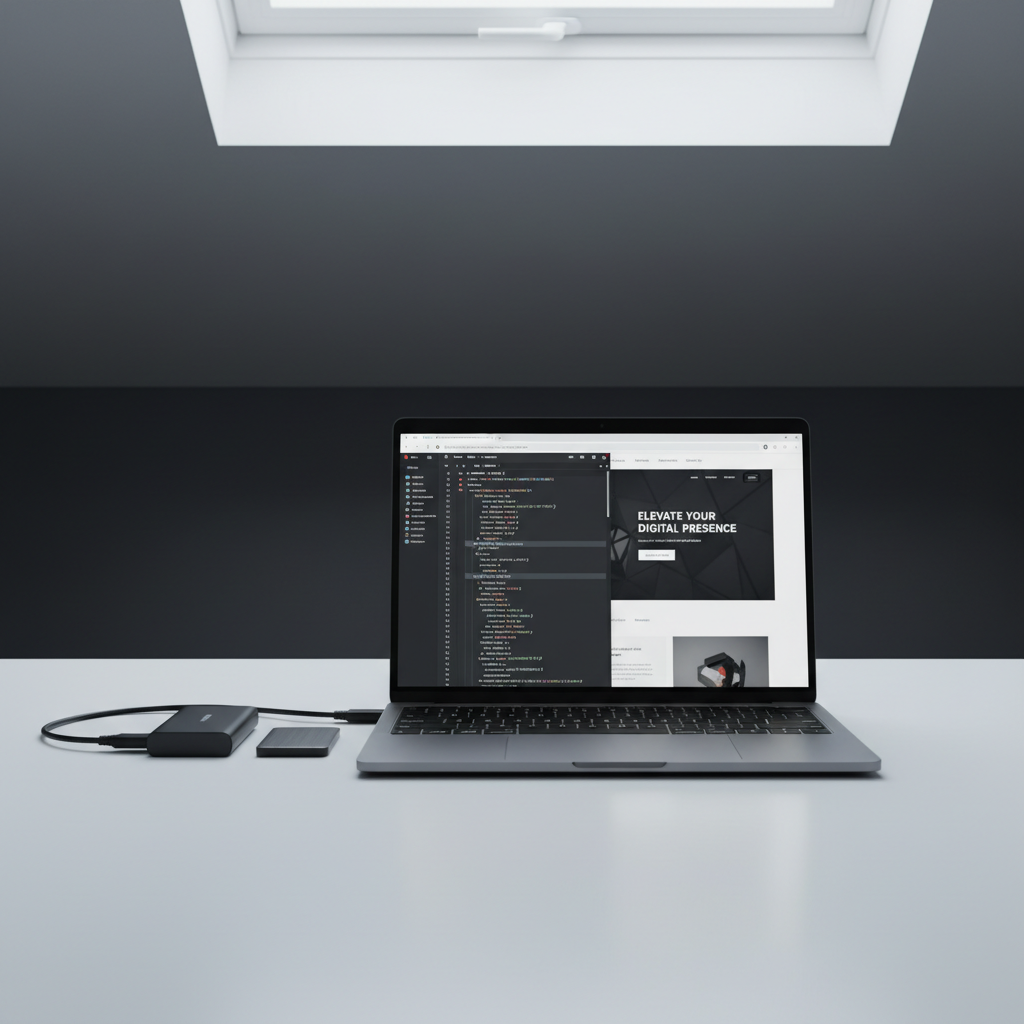 A modern desktop workspace showcasing rapid web design development: a slim laptop open to a code editor with clean HTML and CSS on the left side of the screen, and a live preview of a sleek landing page on the right. Next to the laptop lies a black USB-C hub with a single connected cable and a compact external SSD, suggesting efficient, lightweight tools. The desk surface is a matte white finish with a subtle reflection, backed by a dark charcoal wall for contrast. Cool, indirect daylight from an overhead skylight creates even illumination with minimal shadows, reinforcing a crisp, precise, and technical mood. Photographed from a slightly elevated, wide-angle perspective with sharp focus throughout, the composition highlights speed, clarity, and streamlined one-man web design in a clean, photographic style.