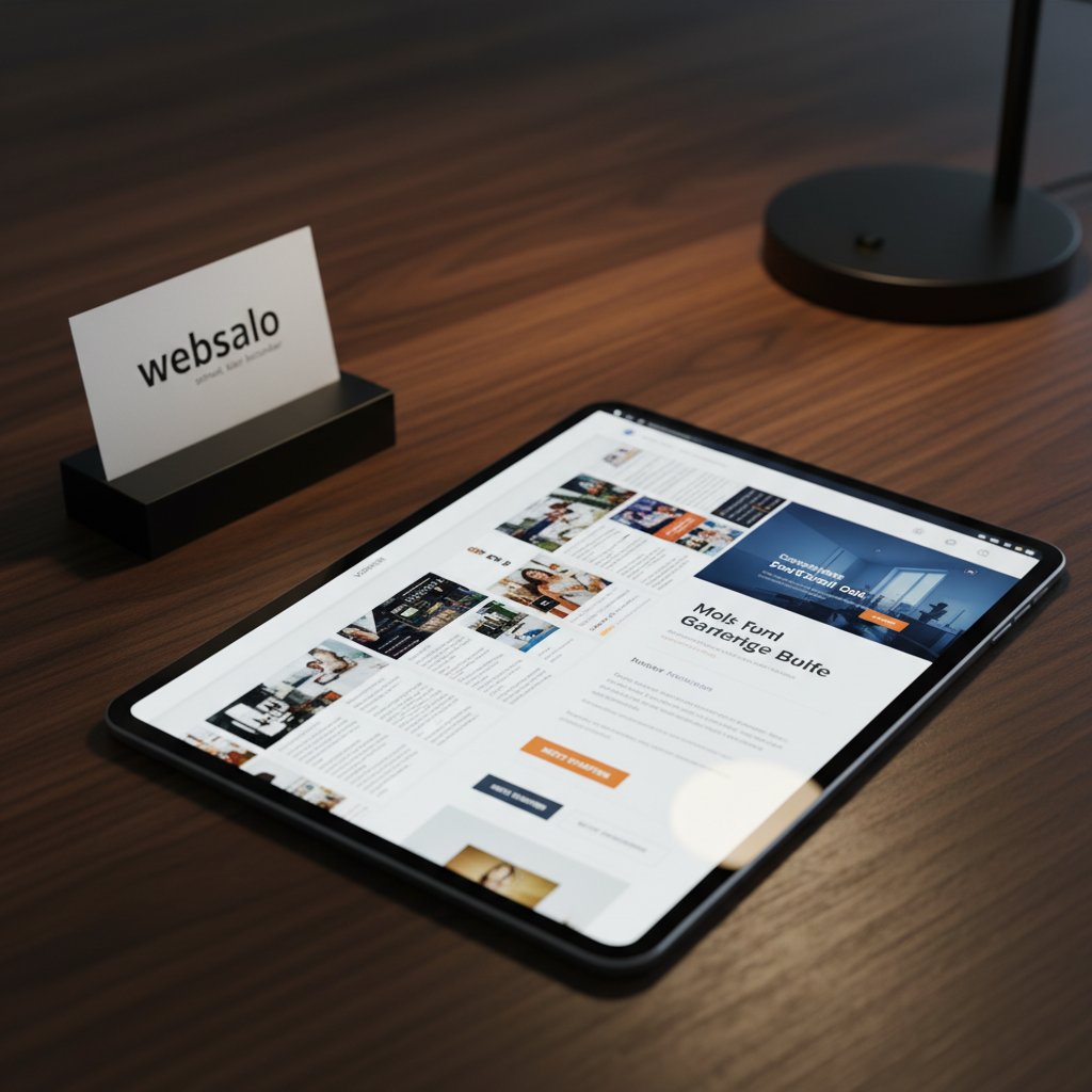 A close-up of a tablet lying flat on a dark wooden desk, its screen displaying a before-and-after comparison of a redesigned homepage: on the left, a cluttered outdated layout; on the right, a crisp, fast-loading, mobile-responsive design with clear sections and bold calls to action. Beside the tablet is a simple black metal card holder with a single, well-designed business card reading “websalo – schnell, klar, bezahlbar” in minimalist typography. A subtle desk lamp casts warm, focused light from the top right, creating gentle reflections on the tablet glass and soft shadows around the card holder. Shot from a three-quarter angle with moderate depth of field, this photographic realism image feels dynamic yet orderly, emphasizing clarity, speed, and professional one-man service.