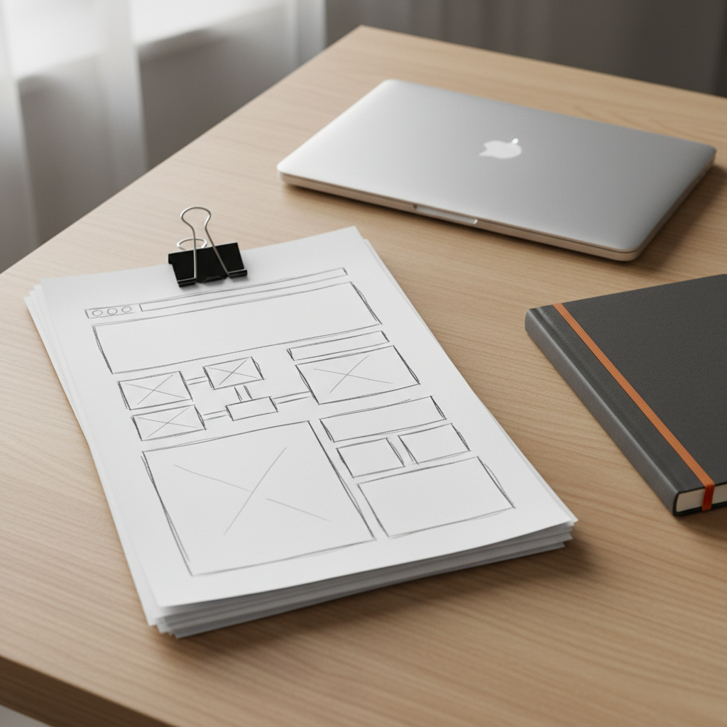 A stack of neatly arranged website wireframe sketches on crisp white paper, each page showing clear, hand-drawn boxes for headers, navigation, and content sections, secured with a matte black binder clip. The stack rests on a smooth light oak tabletop beside a closed silver laptop and a dark gray notebook with a thin orange elastic band. Soft overcast window light washes across the surface from the left, creating subtle highlights on the paper edges and gentle, elongated shadows. Captured from a slightly elevated angle with sharp focus throughout, the composition uses the rule of thirds to convey an organized, methodical, and affordable approach to web design, with a clean, modern, photographic aesthetic and a calm, professional atmosphere.