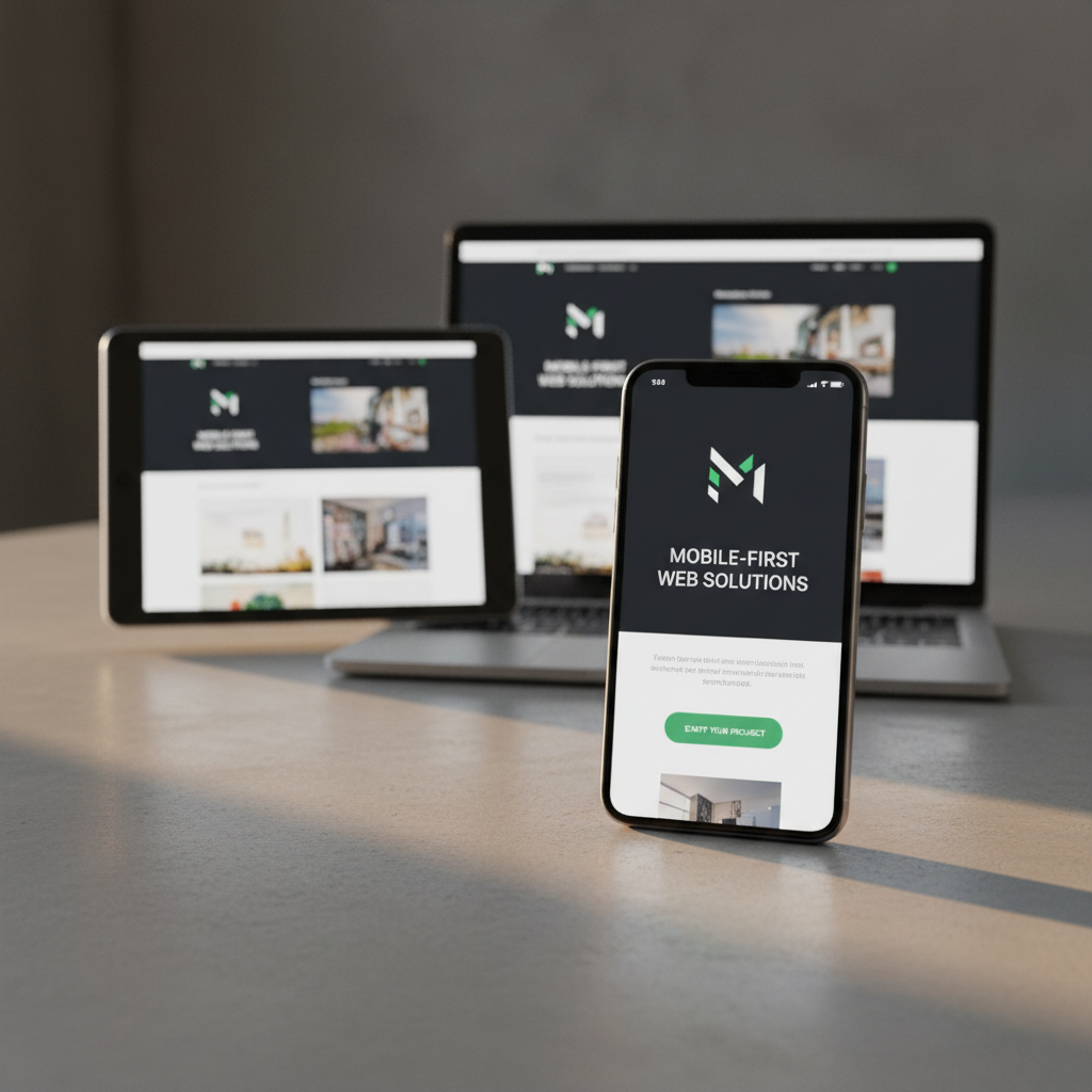A smartphone placed vertically on a smooth concrete surface, its screen displaying a responsive version of a professionally designed website with a clear hero section, concise tagline, and prominent call-to-action button. Behind it, slightly out of focus, a tablet and laptop are propped up, each showing the same site adapted perfectly to their larger screens, demonstrating coherent responsive design. A thin diagonal beam of late afternoon sunlight crosses the concrete, creating a warm highlight on the phone’s metal edge and soft gradients of light and shadow. Shot at a low angle close to table level with shallow depth of field, the mood is modern, confident, and efficient. The photographic realism and minimalist composition emphasize mobile-first thinking and clarity in affordable one-man web design.
